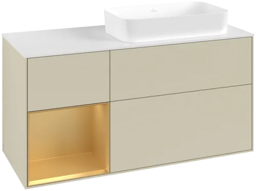 VILLEROY BOCH Toaletní skříňka Finion, s osvětlením, 3 výsuvy, 1200 x 603 x 501 mm, Silk Grey Matt Lacquer / Gold Matt Lacquer / Glass White Matt #F681HFHJ