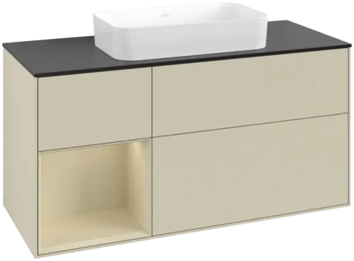 VILLEROY BOCH Toaletní skříňka Finion, s osvětlením, 3 výsuvy, 1200 x 603 x 501 mm, Silk Grey Matt Lacquer / Silk Grey Matt Lacquer / Glass Black Matt #F702HJHJ