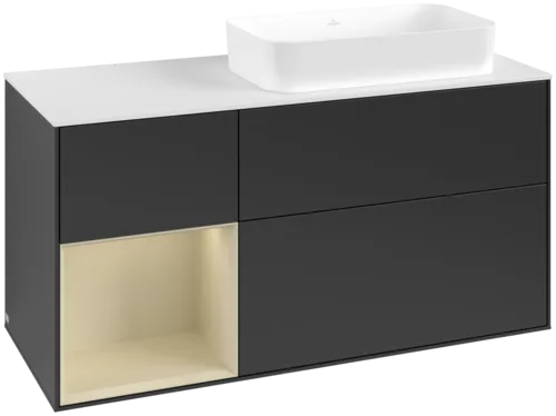 VILLEROY BOCH Toaletní skříňka Finion, s osvětlením, 3 výsuvy, 1200 x 603 x 501 mm, černý matný lak / hedvábně šedý matný lak / bílé matné sklo #F681HJPD