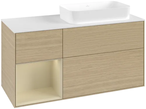 VILLEROY BOCH Toaletní skříňka Finion, s osvětlením, 3 výsuvy, 1200 x 603 x 501 mm, dubová dýha / hedvábně šedý matný lak / sklo bílé matné #F681HJPC