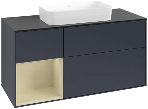 VILLEROY BOCH Toaletní skříňka Finion, s osvětlením, 3 výsuvy, 1200 x 603 x 501 mm, Midnight Blue Matt Lacquer / Silk Grey Matt Lacquer / Glass Black Matt #F702HJHG