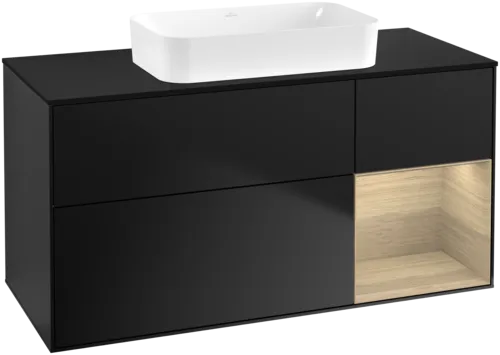 VILLEROY BOCH Toaletní skříňka Finion, s osvětlením, 3 výsuvy, 1200 x 603 x 501 mm, černý matný lak / dubová dýha / černé matné sklo #F712PCPD