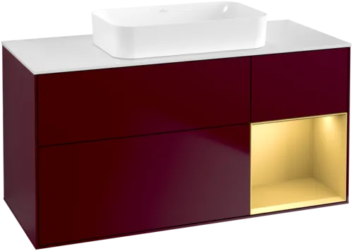 VILLEROY BOCH Toaletní skříňka Finion, s osvětlením, 3 výsuvy, 1200 x 603 x 501 mm, Peony Matt Lacquer / Gold Matt Lacquer / Glass White Matt #F711HFHB