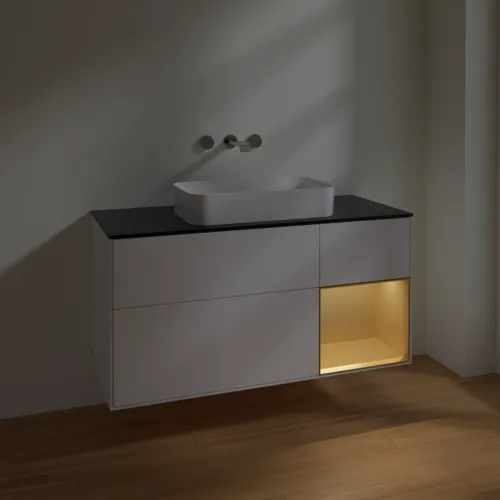 VILLEROY BOCH Toaletní skříňka Finion, s osvětlením, 3 výsuvy, 1200 x 603 x 501 mm, bílý matný lak / zlatý matný lak / černé matné sklo #F712HFMT, obrázek 4