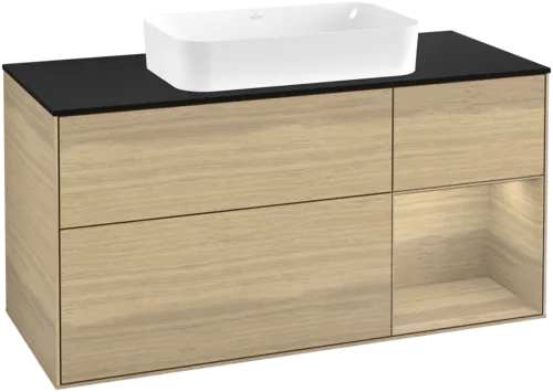 VILLEROY BOCH Toaletní stolek Finion, s osvětlením, 3 výsuvy, 1200 x 603 x 501 mm, dubová dýha / dubová dýha / sklo černé matné #F712PCPC