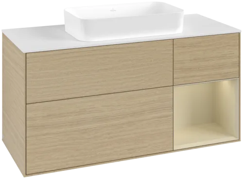 VILLEROY BOCH Toaletní skříňka Finion, s osvětlením, 3 výsuvy, 1200 x 603 x 501 mm, dubová dýha / hedvábně šedý matný lak / sklo bílé matné #F711HJPC