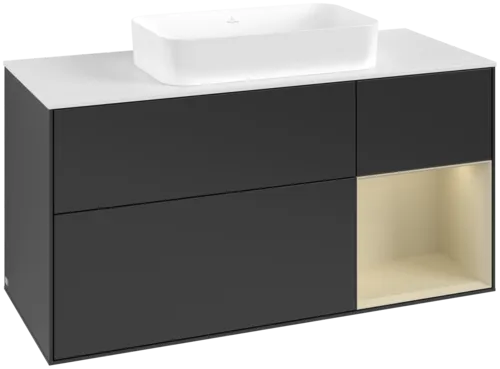 VILLEROY BOCH Toaletní skříňka Finion, s osvětlením, 3 výsuvy, 1200 x 603 x 501 mm, černý matný lak / hedvábně šedý matný lak / bílé matné sklo #F711HJPD
