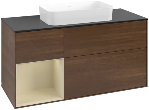 VILLEROY BOCH Toaletní skříňka Finion, s osvětlením, 3 výsuvy, 1200 x 603 x 501 mm, ořechová dýha / hedvábně šedý matný lak / sklo černé matné #F702HJGN