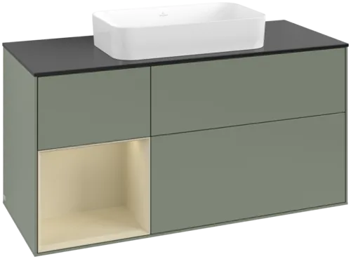 VILLEROY BOCH Toaletní skříňka Finion, s osvětlením, 3 výsuvy, 1200 x 603 x 501 mm, olivový matný lak / hedvábně šedý matný lak / černé matné sklo #F702HJGM