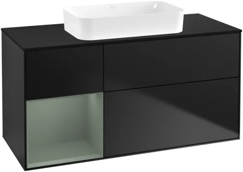 VILLEROY BOCH Toaletní skříňka Finion, s osvětlením, 3 výsuvy, 1200 x 603 x 501 mm, černý matný lak / olivový matný lak / černé matné sklo #F702GMPD