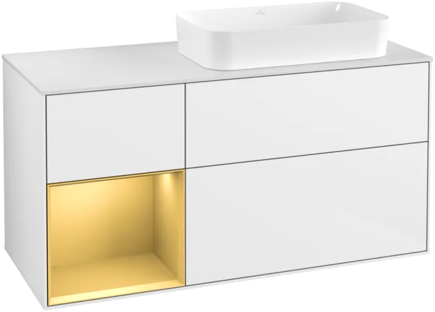 VILLEROY BOCH Toaletní skříňka Finion, s osvětlením, 3 výsuvy, 1200 x 603 x 501 mm, lesklý bílý lak / zlatý matný lak / bílé matné sklo #F681HFGF