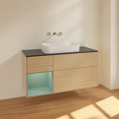 VILLEROY BOCH Toaletní skříňka Finion, s osvětlením, 3 výsuvy, 1200 x 603 x 501 mm, dubová dýha / olivově matný lak / sklo černé matné #F702GMPC, obrázek 2