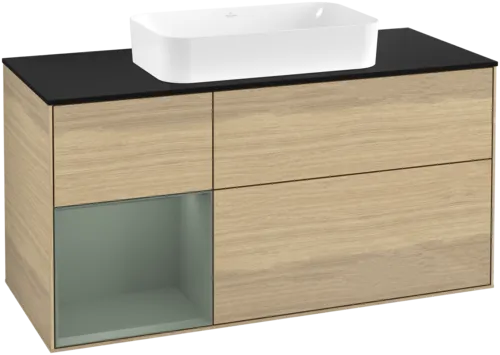VILLEROY BOCH Toaletní skříňka Finion, s osvětlením, 3 výsuvy, 1200 x 603 x 501 mm, dubová dýha / olivově matný lak / sklo černé matné #F702GMPC