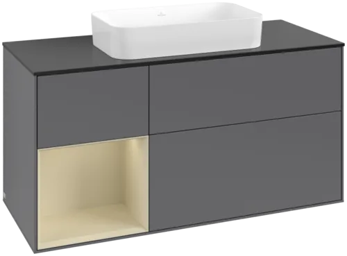 VILLEROY BOCH Toaletní skříňka Finion, s osvětlením, 3 výsuvy, 1200 x 603 x 501 mm, antracitový matný lak / hedvábně šedý matný lak / černé matné sklo #F702HJGK