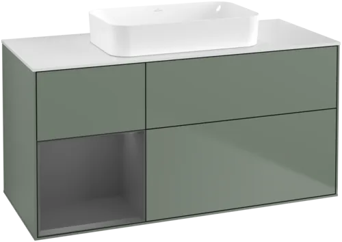 VILLEROY BOCH Toaletní skříňka Finion, s osvětlením, 3 výsuvy, 1200 x 603 x 501 mm, olivový matný lak / antracitový matný lak / bílé matné sklo #F701GKGM