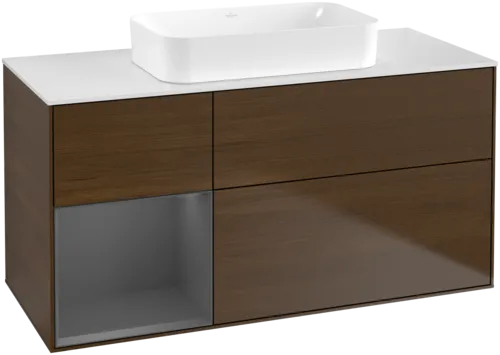 VILLEROY BOCH Toaletní skříňka Finion, s osvětlením, 3 výsuvy, 1200 x 603 x 501 mm, ořechová dýha / antracitový matný lak / bílé matné sklo #F701GKGN