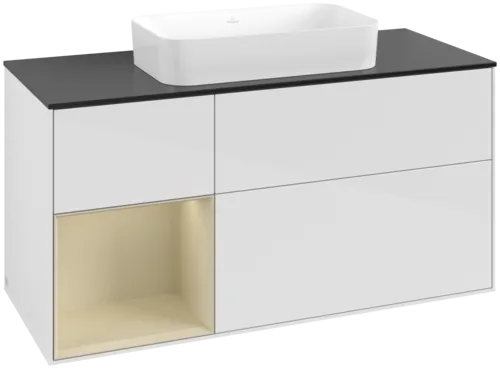 VILLEROY BOCH Toaletní skříňka Finion, s osvětlením, 3 výsuvy, 1200 x 603 x 501 mm, lesklý bílý lak / hedvábně šedý matný lak / černé matné sklo #F702HJGF