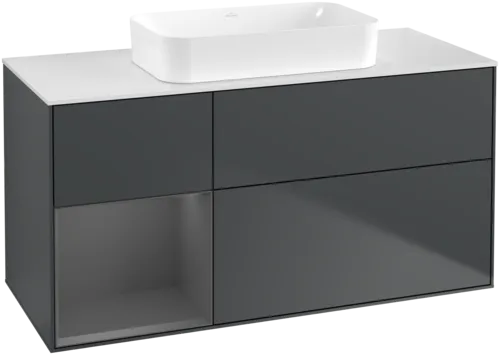 VILLEROY BOCH Toaletní skříňka Finion, s osvětlením, 3 výsuvy, 1200 x 603 x 501 mm, Midnight Blue Matt Lacquer / Anthracite Matt Lacquer / Glass White Matt #F701GKHG
