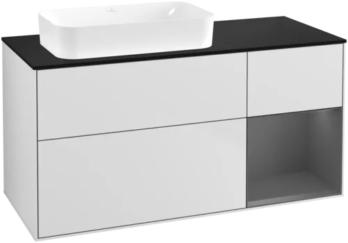 VILLEROY BOCH Toaletní skříňka Finion, s osvětlením, 3 výsuvy, 1200 x 603 x 501 mm, bílý matný lak / antracitový matný lak / černé matné sklo #F692GKMT