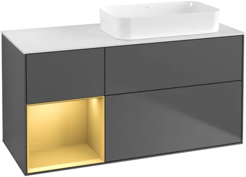 VILLEROY BOCH Toaletní skříňka Finion, s osvětlením, 3 výsuvy, 1200 x 603 x 501 mm, antracitový matný lak / zlatý matný lak / bílé matné sklo #F681HFGK
