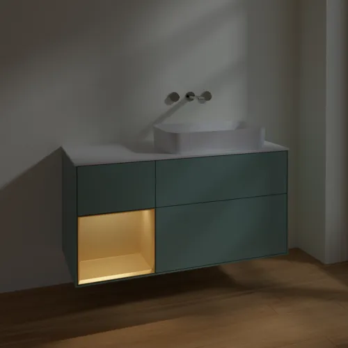 VILLEROY BOCH Toaletní skříňka Finion, s osvětlením, 3 výsuvy, 1200 x 603 x 501 mm, olivový matný lak / zlatý matný lak / bílé matné sklo #F681HFGM, obrázek 3