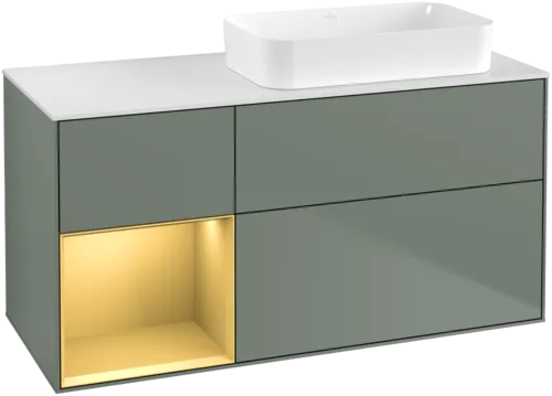 VILLEROY BOCH Toaletní skříňka Finion, s osvětlením, 3 výsuvy, 1200 x 603 x 501 mm, olivový matný lak / zlatý matný lak / bílé matné sklo #F681HFGM