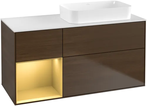 VILLEROY BOCH Toaletní skříňka Finion, s osvětlením, 3 výsuvy, 1200 x 603 x 501 mm, ořechová dýha / zlatý matný lak / sklo bílé matné #F681HFGN