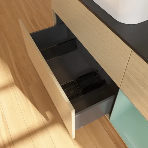 VILLEROY BOCH Toaletní skříňka Finion, s osvětlením, 3 výsuvy, 1200 x 603 x 501 mm, dubová dýha / olivově matný lak / sklo černé matné #F692GMPC, obrázek 6