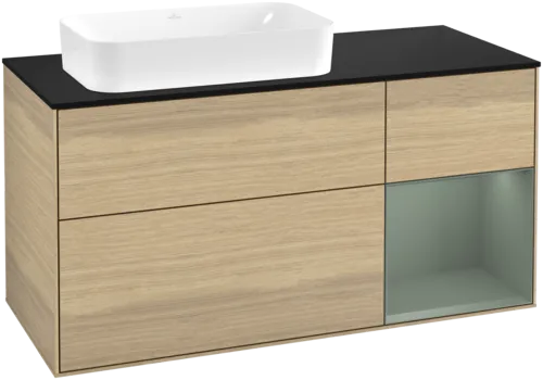 VILLEROY BOCH Toaletní skříňka Finion, s osvětlením, 3 výsuvy, 1200 x 603 x 501 mm, dubová dýha / olivově matný lak / sklo černé matné #F692GMPC