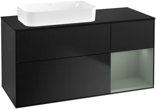 VILLEROY BOCH Toaletní skříňka Finion, s osvětlením, 3 výsuvy, 1200 x 603 x 501 mm, černý matný lak / olivový matný lak / černé matné sklo #F692GMPD