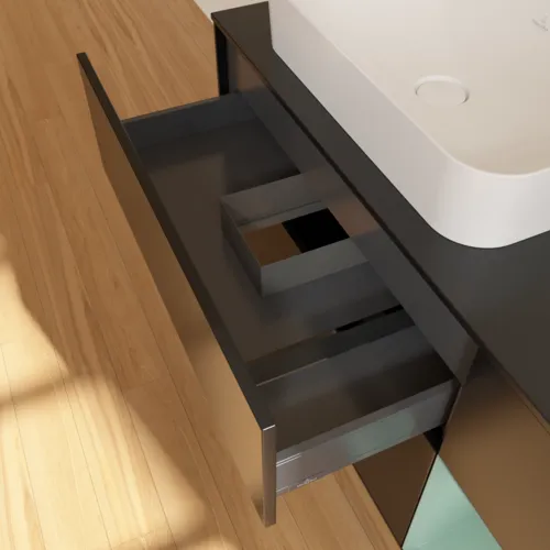 VILLEROY BOCH Toaletní skříňka Finion, s osvětlením, 3 výsuvy, 1200 x 603 x 501 mm, černý matný lak / olivový matný lak / černé matné sklo #F692GMPD, obrázek 5
