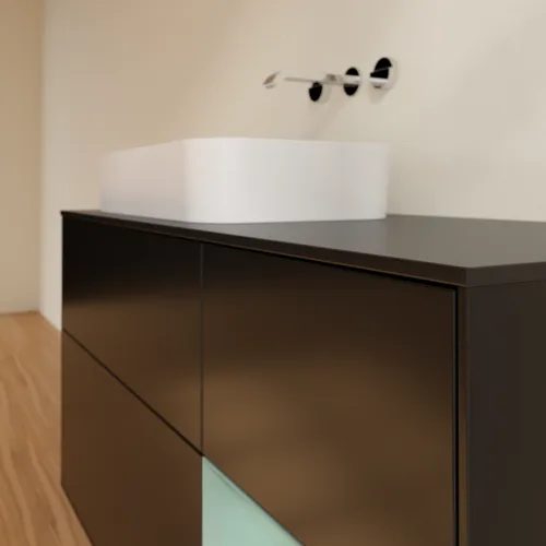 VILLEROY BOCH Toaletní skříňka Finion, s osvětlením, 3 výsuvy, 1200 x 603 x 501 mm, černý matný lak / olivový matný lak / černé matné sklo #F692GMPD, obrázek 4