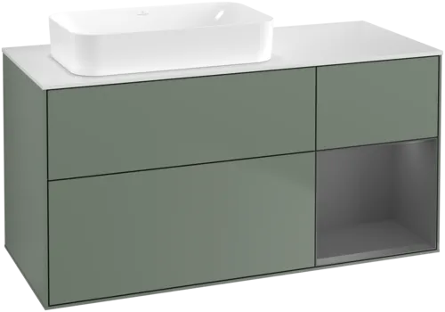 VILLEROY BOCH Toaletní skříňka Finion, s osvětlením, 3 výsuvy, 1200 x 603 x 501 mm, olivový matný lak / antracitový matný lak / bílé matné sklo #F691GKGM