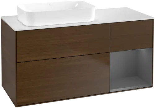 VILLEROY BOCH Toaletní skříňka Finion, s osvětlením, 3 výsuvy, 1200 x 603 x 501 mm, ořechová dýha / antracitový matný lak / bílé matné sklo #F691GKGN