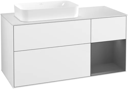 VILLEROY BOCH Toaletní skříňka Finion, s osvětlením, 3 výsuvy, 1200 x 603 x 501 mm, lesklý bílý lak / antracitový matný lak / bílé matné sklo #F691GKGF