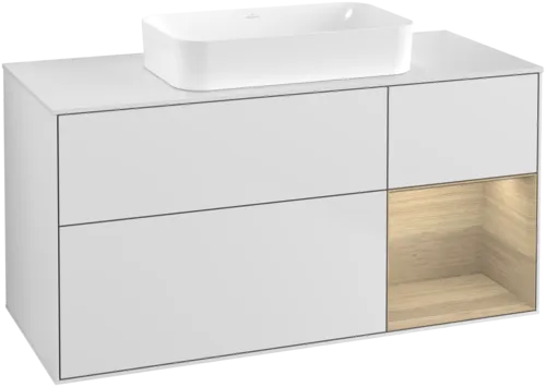 VILLEROY BOCH Toaletní skříňka Finion, s osvětlením, 3 výsuvy, 1200 x 603 x 501 mm, bílý matný lak / dubová dýha / sklo bílé matné #F711PCMT