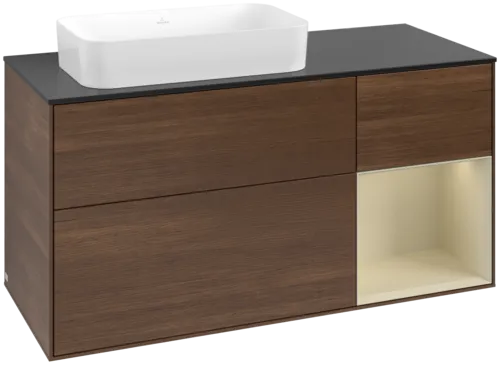 VILLEROY BOCH Toaletní skříňka Finion, s osvětlením, 3 výsuvy, 1200 x 603 x 501 mm, ořechová dýha / hedvábně šedý matný lak / sklo černé matné #F692HJGN
