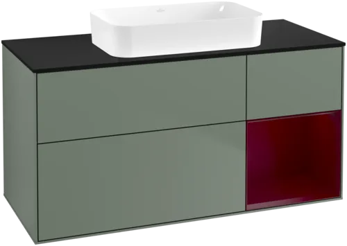VILLEROY BOCH Toaletní skříňka Finion, s osvětlením, 3 výsuvy, 1200 x 603 x 501 mm, olivový matný lak / pivoňkový matný lak / černé matné sklo #F712HBGM