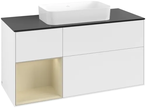 VILLEROY BOCH Toaletní skříňka Finion, s osvětlením, 3 výsuvy, 1200 x 603 x 501 mm, bílý matný lak / hedvábně šedý matný lak / černé matné sklo #F702HJMT