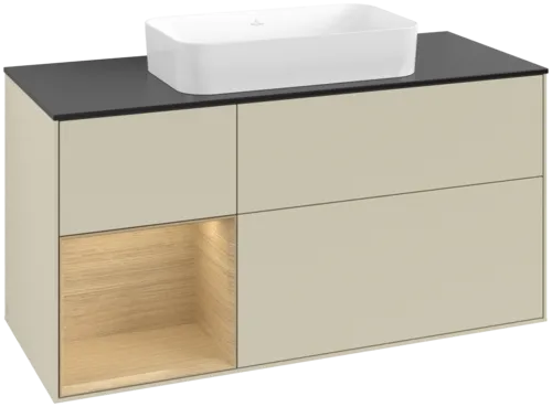 VILLEROY BOCH Toaletní skříňka Finion, s osvětlením, 3 výsuvy, 1200 x 603 x 501 mm, hedvábně šedý matný lak / dubová dýha / černé matné sklo #F702PCHJ