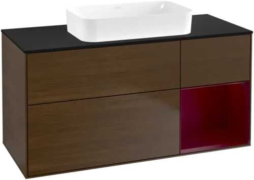 VILLEROY BOCH Toaletní skříňka Finion, s osvětlením, 3 výsuvy, 1200 x 603 x 501 mm, ořechová dýha / matný lak Pivoňka / černé matné sklo #F712HBGN
