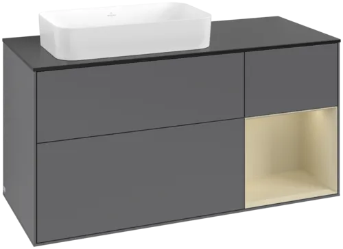 VILLEROY BOCH Toaletní skříňka Finion, s osvětlením, 3 výsuvy, 1200 x 603 x 501 mm, antracitový matný lak / hedvábně šedý matný lak / černé matné sklo #F692HJGK
