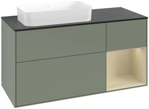 VILLEROY BOCH Toaletní skříňka Finion, s osvětlením, 3 výsuvy, 1200 x 603 x 501 mm, olivový matný lak / hedvábně šedý matný lak / černé matné sklo #F692HJGM