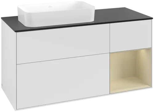 VILLEROY BOCH Toaletní skříňka Finion, s osvětlením, 3 výsuvy, 1200 x 603 x 501 mm, lesklý bílý lak / hedvábně šedý matný lak / černé matné sklo #F692HJGF