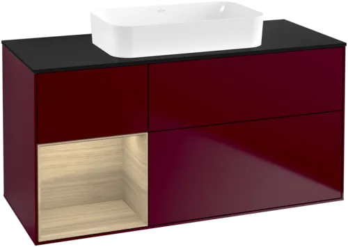 VILLEROY BOCH Toaletní skříňka Finion, s osvětlením, 3 výsuvy, 1200 x 603 x 501 mm, matný lak Peony / dubová dýha / černé matné sklo #F702PCHB