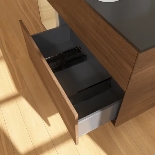VILLEROY BOCH Toaletní skříňka Finion, s osvětlením, 3 výsuvy, 1200 x 603 x 501 mm, ořechová dýha / dubová dýha / sklo černé matné #F702PCGN, obrázek 4