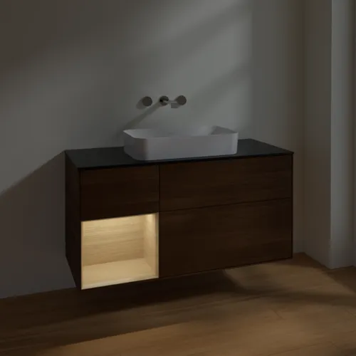 VILLEROY BOCH Toaletní skříňka Finion, s osvětlením, 3 výsuvy, 1200 x 603 x 501 mm, ořechová dýha / dubová dýha / sklo černé matné #F702PCGN, obrázek 3