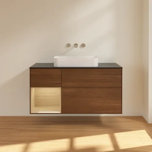 VILLEROY BOCH Toaletní skříňka Finion, s osvětlením, 3 výsuvy, 1200 x 603 x 501 mm, ořechová dýha / dubová dýha / sklo černé matné #F702PCGN, obrázek 2