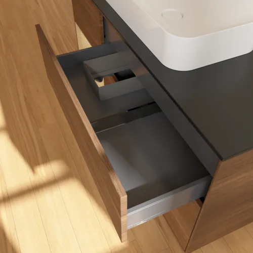 VILLEROY BOCH Toaletní skříňka Finion, s osvětlením, 3 výsuvy, 1200 x 603 x 501 mm, ořechová dýha / dubová dýha / sklo černé matné #F702PCGN, obrázek 5