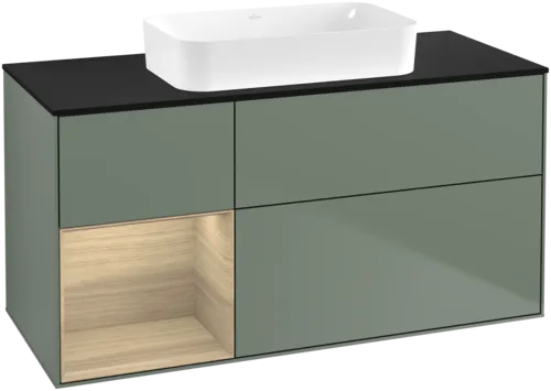 VILLEROY BOCH Toaletní skříňka Finion, s osvětlením, 3 výsuvy, 1200 x 603 x 501 mm, olivový matný lak / dubová dýha / sklo černé matné #F702PCGM
